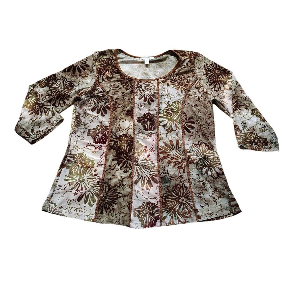 Womens Boho Floral Velvet Top Size L Earthy Brown Cottagecore Festival Hippie